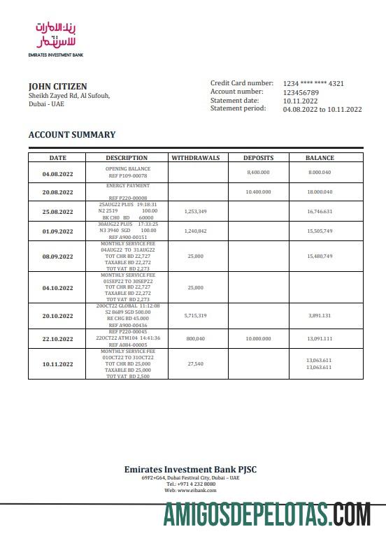 Modelo de extrato do banco de investimento dos Emirados Árabes Unidos para download em formato Word e PDF